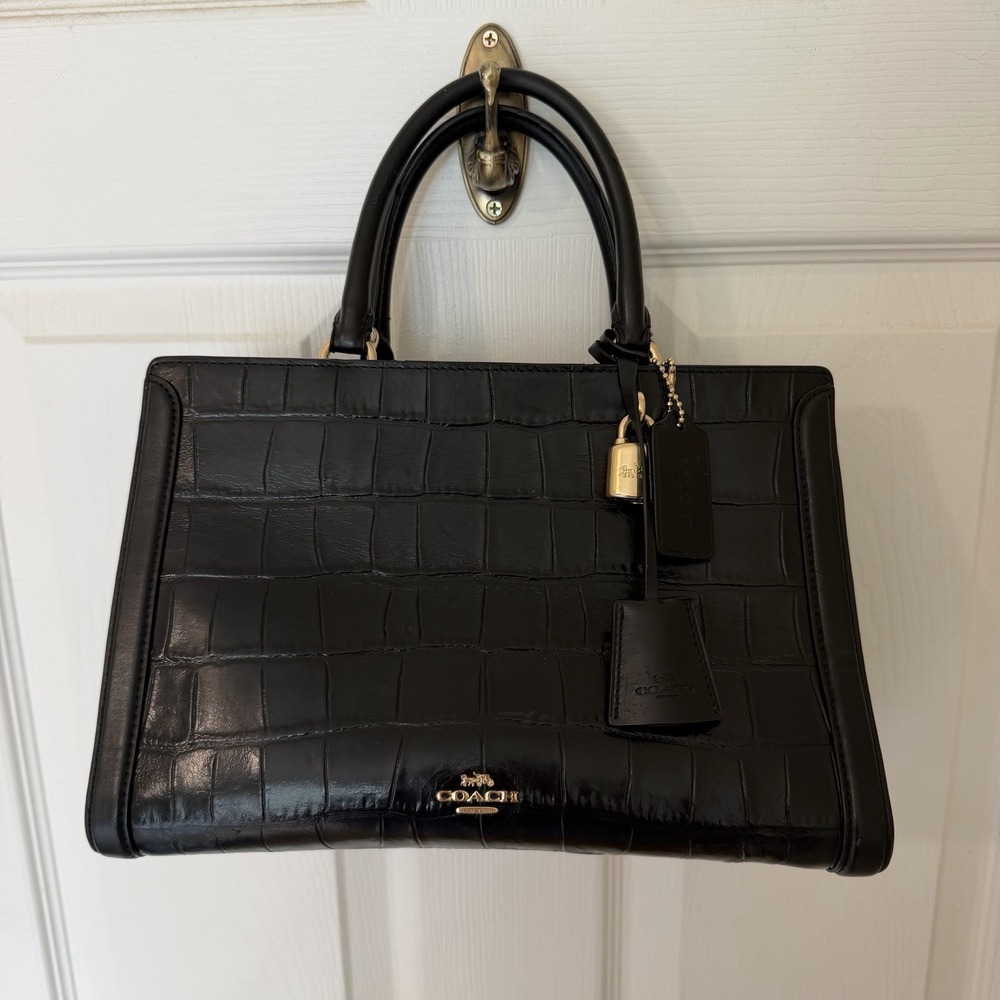 Coach Black Crocodile Embossed Carryall Medium Handbag Gold Hardware Old Money